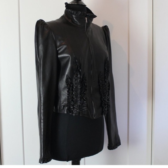 cacharel Holt Renfrew leather ruffle puff shoulder jacket - Picture 2 of 13